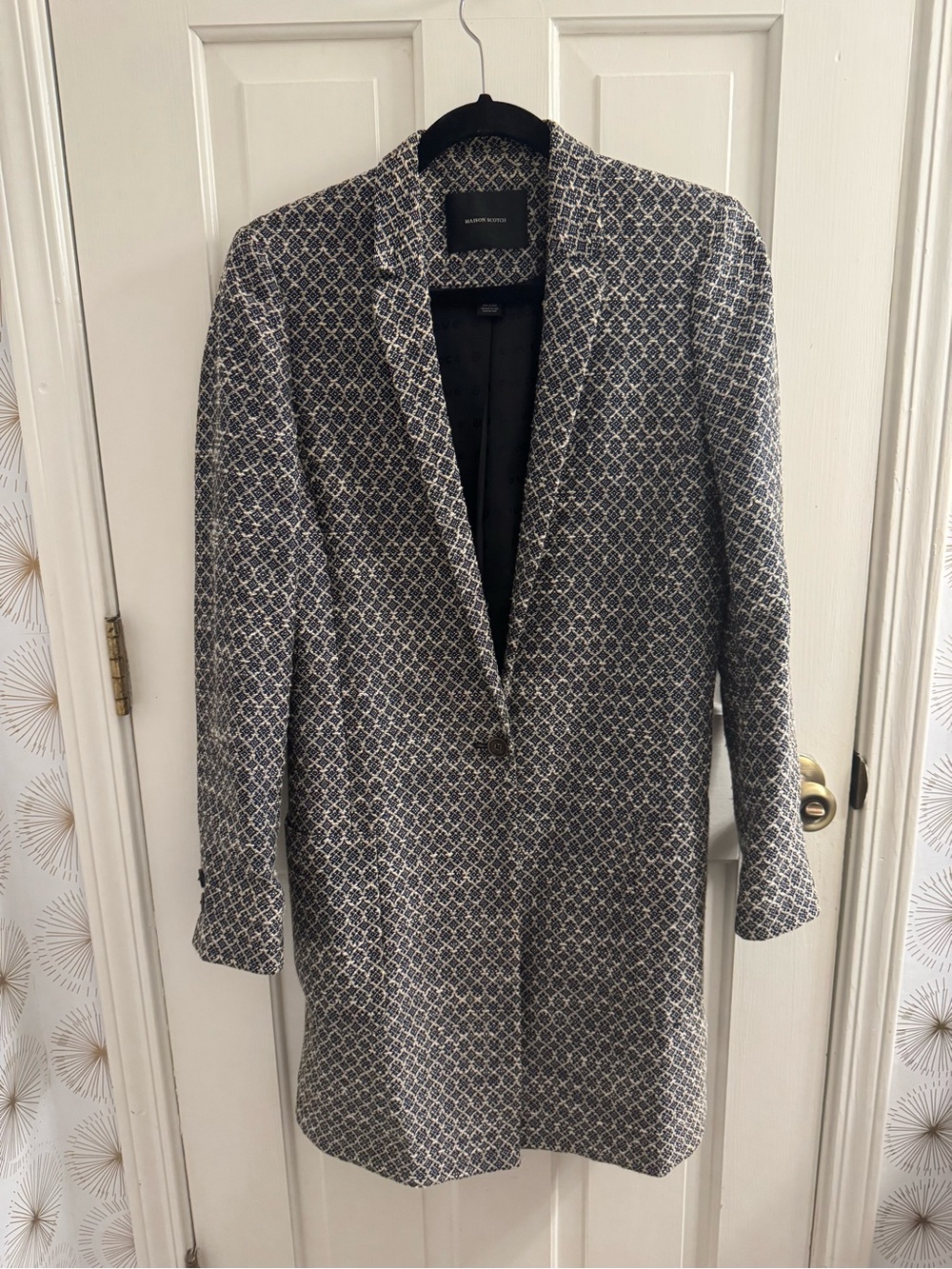 Scotch & Soda Navy and Grey Woven Patterned Long Blazer Coat